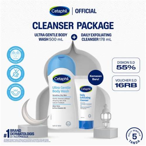 Cetaphil Ultra Gentle Body Wash 500ml + Daily Exfoliating Cleanser 178ml