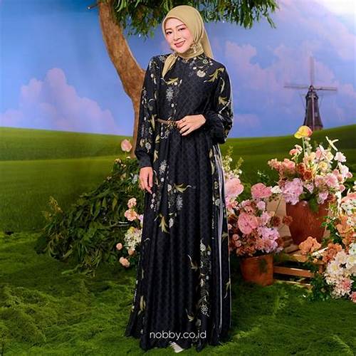 Nobby Seroja Dress Gamis Lengan Panjang Wanita Floral Pattern Bahan Light Satin Silk
