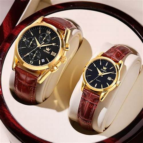 Olevs 2 pcs Jam Tangan Couple Pasangan Kulit analog Anti Air Hitam Biru Alexandre christie