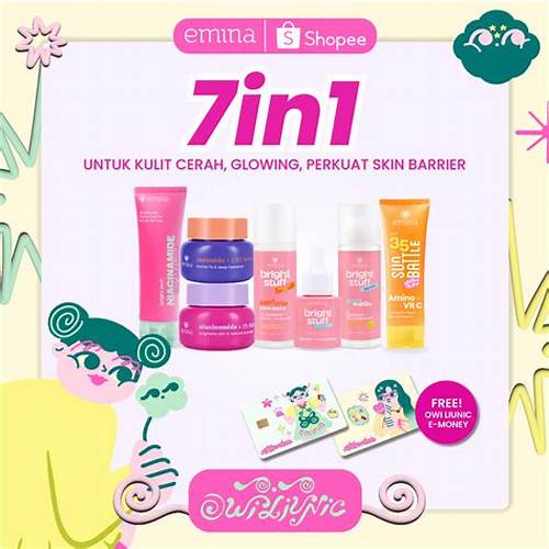 [UTBK 7IN1 GLOWING] EMINA Bundle All in 7in1 Bright Glow Set Face Wash + Toner Wajah + Serum Brightening + Moisturizer Gel + Sunscreen + Low pH Micellar Water Bright Smooth Cocok Untuk Pemula Mencerahkan Kulit, Menghaluskan Tekstur Kulit, Glowing Skin
